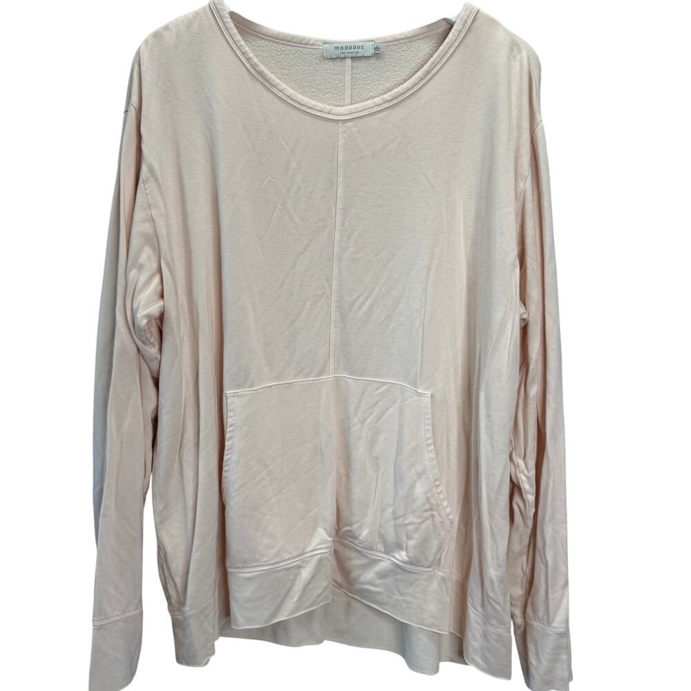 Mododoc Long Sleeve Shirt Blush Pink Size L Kangaroo Pocket Raw Hem